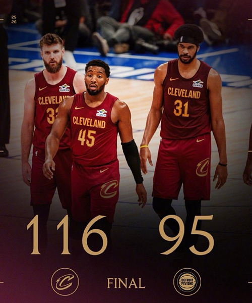 骑士大胜活塞迎3连胜，米切尔35分，坎宁安14中3