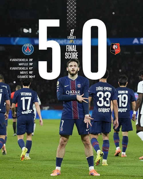 法甲-巴黎5-0雷恩 K77双响 马尤卢传射+中框 拉莫斯破门