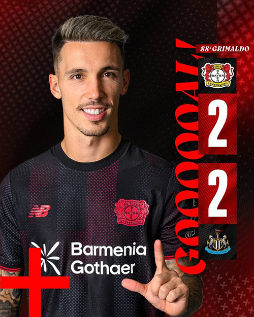 格里马尔多88分钟救主！勒沃库森2-2纽卡，药厂让2追2保住不败金身