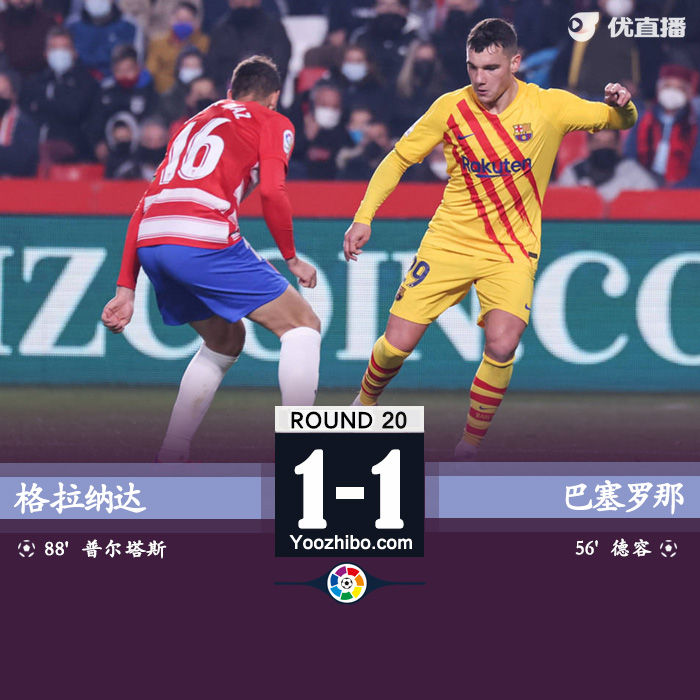<a href=/24zhibozq/barcelona/ target=_blank class=infotextkey>巴萨</a>1-1格拉纳达  阿尔维斯助攻卢克-德容连场破门